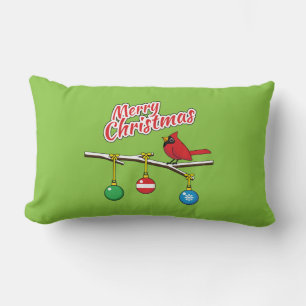 Red Cardinal on Christmas Bare Branch - Merry Xmas Lumbar Cushion