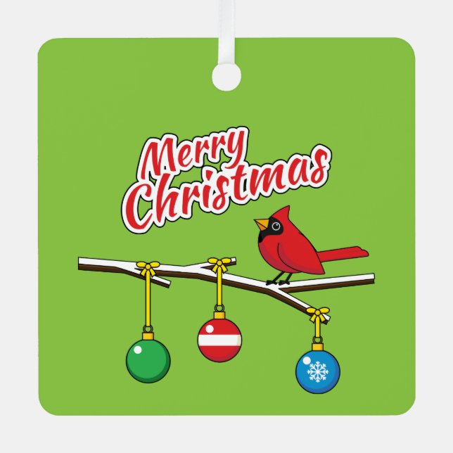 Red Cardinal on Christmas Bare Branch - Merry Xmas Metal Tree Decoration (Front)