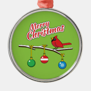 Red Cardinal on Christmas Bare Branch - Merry Xmas Metal Tree Decoration