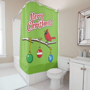 Red Cardinal on Christmas Bare Branch - Merry Xmas Shower Curtain