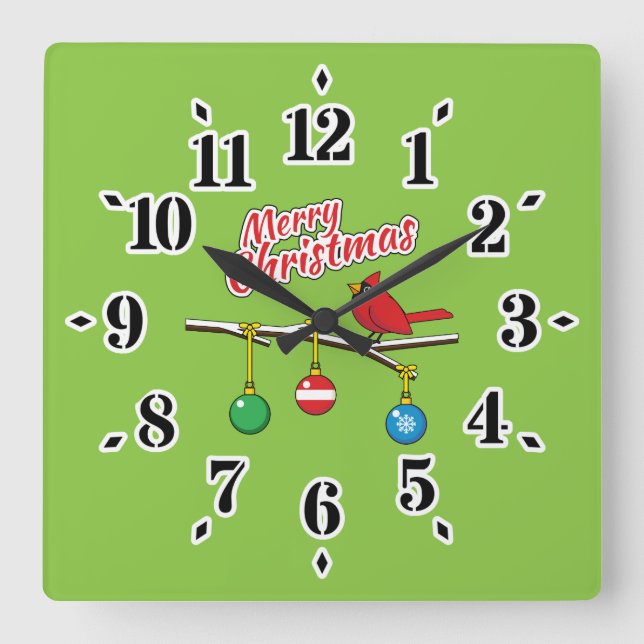 Red Cardinal on Christmas Bare Branch - Merry Xmas Square Wall Clock (Front)