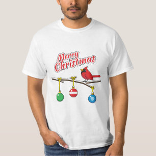 Red Cardinal on Christmas Bare Branch - Merry Xmas T-Shirt