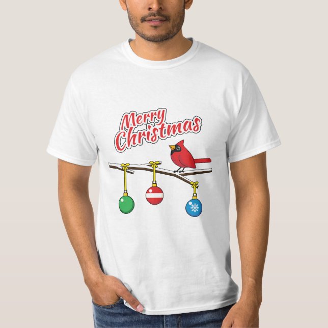 Red Cardinal on Christmas Bare Branch - Merry Xmas T-Shirt (Front)