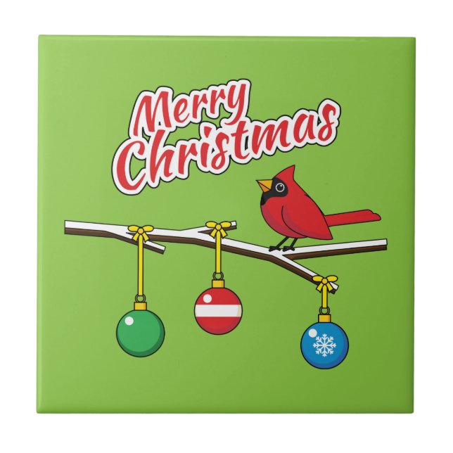 Red Cardinal on Christmas Bare Branch - Merry Xmas Tile (Front)