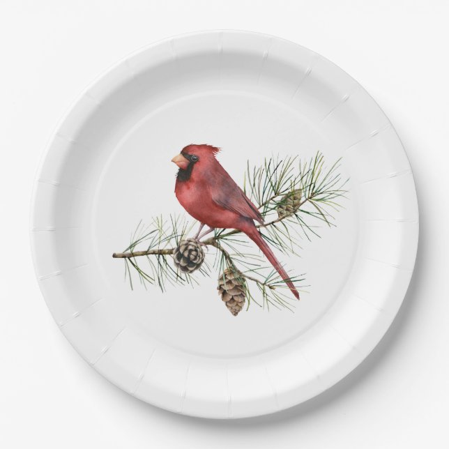 Red Cardinal on Pine Branch Paper Plate (Front)