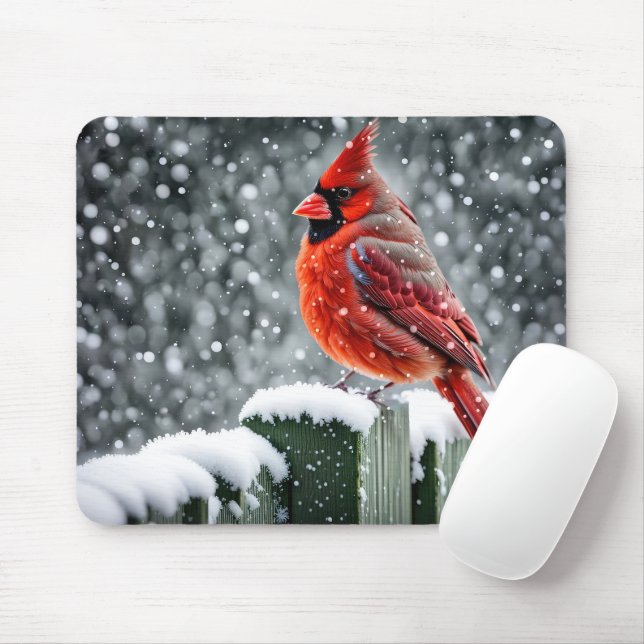 Red Cardinal On Snowy Fence Mouse Pad (With Mouse)