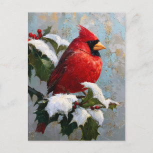 Red Cardinal on Snowy Holly Postcard