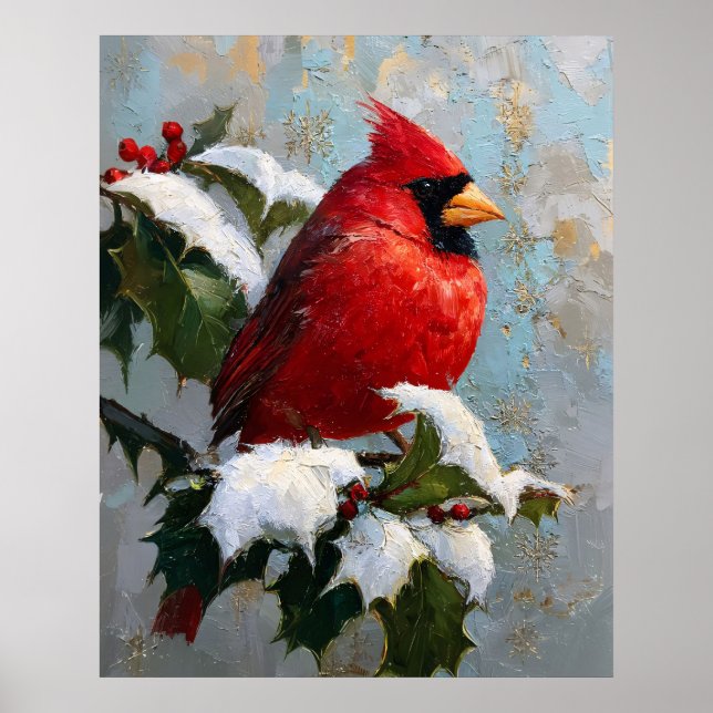 Red Cardinal on Snowy Holly Poster (Front)