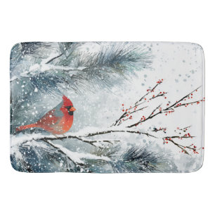 Red Cardinal on Snowy Pine Branch Bath Mat