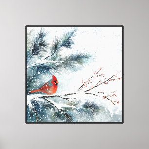 Red Cardinal on Snowy Pine Branch Canvas Print