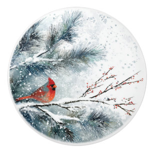 Red Cardinal on Snowy Pine Branch Ceramic Knob