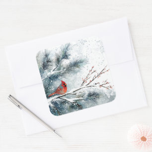 Red Cardinal on Snowy Pine Branch Square Sticker