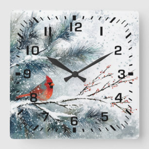 Red Cardinal on Snowy Pine Branch Square Wall Clock