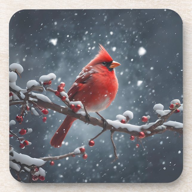 Red Cardinal on Tree Branch in Snow Coaster (Front)