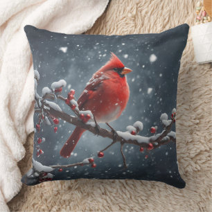 Red Cardinal on Tree Branch in Snow Cushion