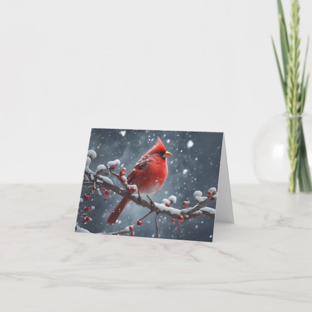 Red Cardinal on Tree Branch Snow Blank Christmas Card (Front)