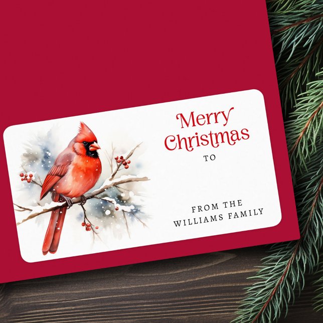 Red cardinal on winter branch Merry Christmas gift (Red cardinal on winter branch Merry Christmas gift Label)