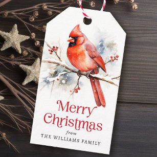 Red cardinal on winter branch watercolor gift tags
