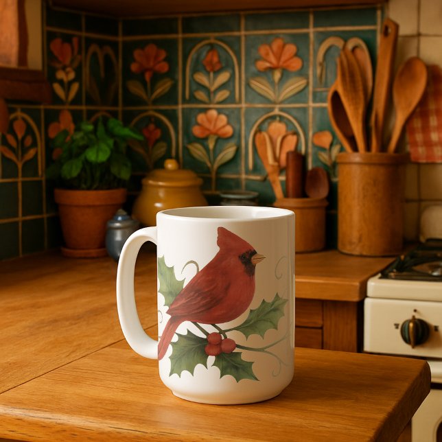 Red Cardinal On Winter Holly & Mistletoe Coffee Mug (Creator Uploaded)