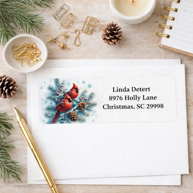 Red Cardinal on Winter Pine Return Address Label (Creator Uploaded)