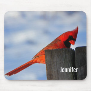 Red Cardinal on Wooden Stump Personalised Mouse Pad