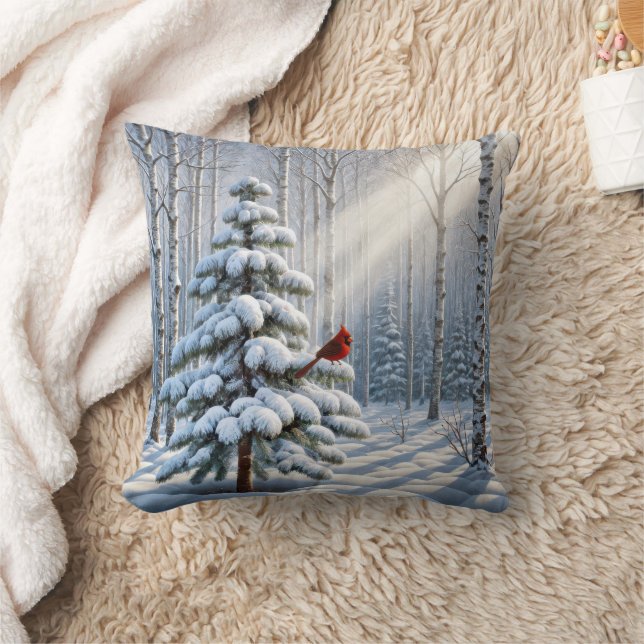 Red Cardinal Perched On Snowy Pine Tree Cushion (Blanket)