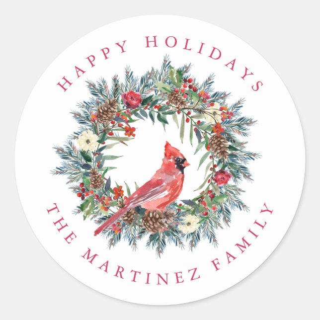 Red Cardinal Pine Wreath Happy Holidays Classic Round Sticker (Front)