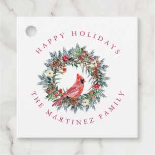 Red Cardinal Pine Wreath Happy Holidays Gift Tags