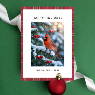 Red Cardinal Plaid Snowy Pine Photo Christmas Card