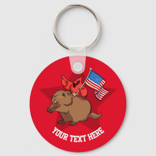 Red Cardinal Riding a Groundhog with American Flag Key Ring