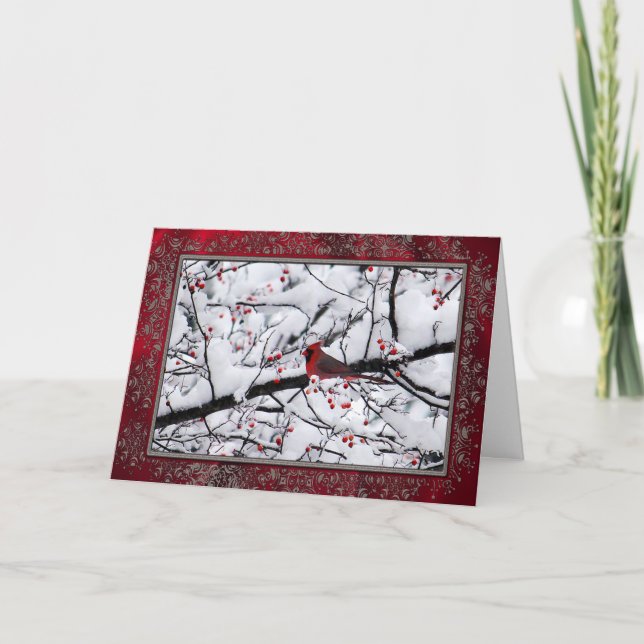 Red Cardinal Snow Tree Photo Birthday Card (Front)