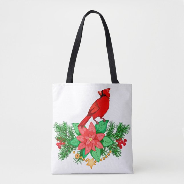 Red Cardinal Tote Bag (A white tote bag with black handles features a festive design.)