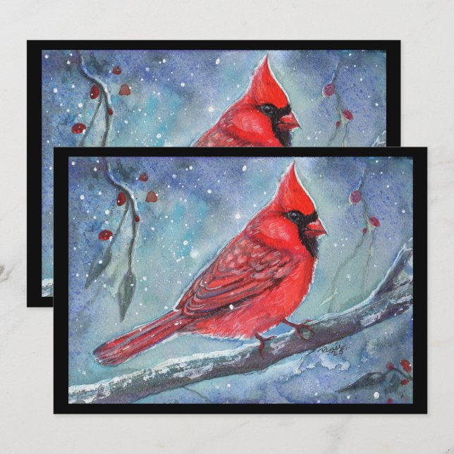 Red cardinal watercolor design by Renee Lavoie Holiday Card (Front/Back)