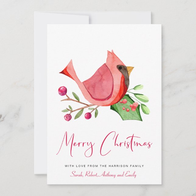 Red Cardinal Watercolor Photo Merry Christmas Holiday Card (Front)