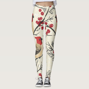 Red Cardinal Winter Berry Christmas Pattern Leggings