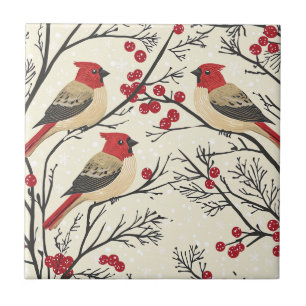 Red Cardinal Winter Berry Christmas Pattern Tile