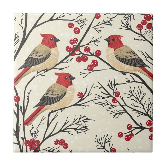 Red Cardinal Winter Berry Christmas Pattern Tile (Front)