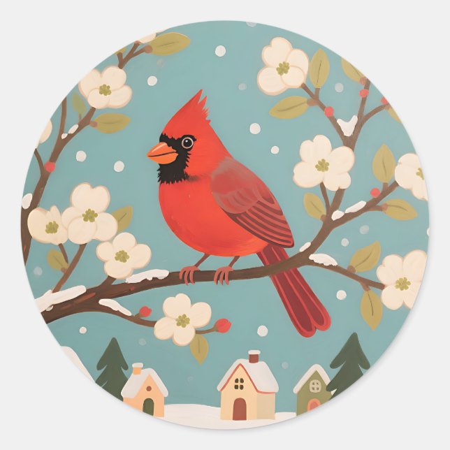 Red Cardinal Winter Branch Classic Round Sticker (Front)