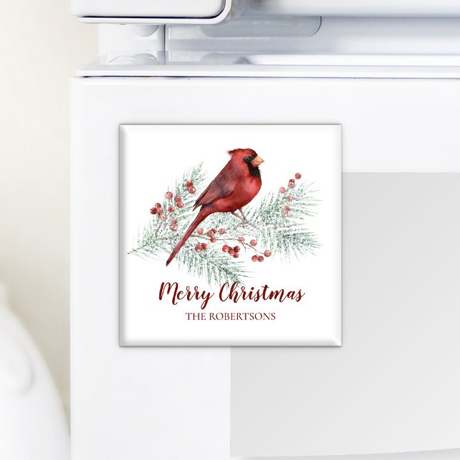 Red Cardinal Winter Pine Berries Merry Christmas Magnet (Creator Uploaded)