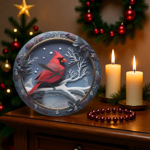 Red Cardinal Winter Snow Large Clock