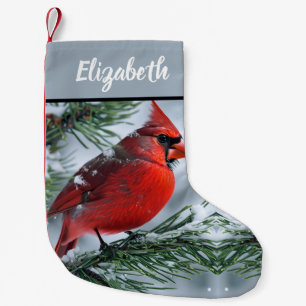 Red Cardinal Winter Snow Pine Christmas Tree Name Small Christmas Stocking