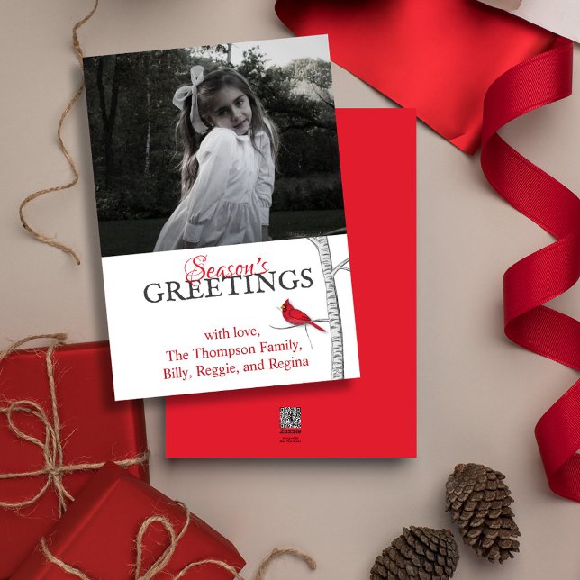 Red Cardinal Winter Tree  Classic Woodland 1 Photo Holiday Card (Simple winter botanical red cardinal photo card with a minimalist design.)