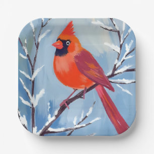 Red Cardinal Winter Watercolor Holiday Paper Plate