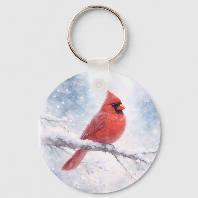Red Cardinal Winter Watercolor Key Ring (Front)