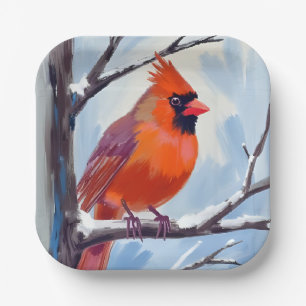 Red Cardinal Winter Watercolor Paper Plate