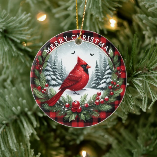 Red Cardinal with Holly Berries Ceramic Tree Decoration (Tree)