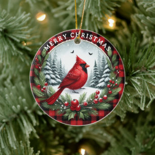 Red Cardinal with Holly Berries Ceramic Tree Decoration