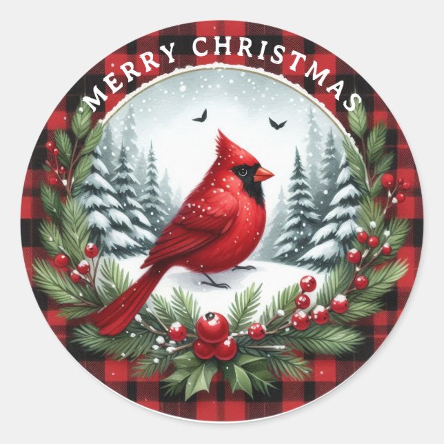 Red Cardinal with Holly Berries Classic Round Sticker (Front)