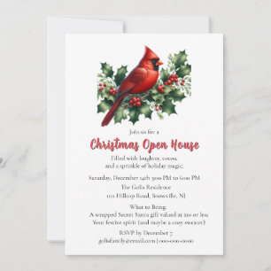 Red Cardinal with Holly Christmas Open House Invitation
