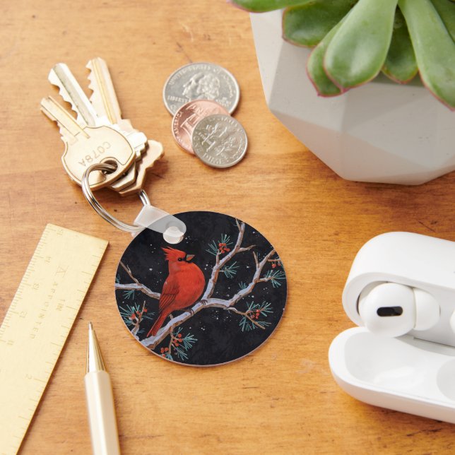 Red Cardinal with Winter Red Berries Key Ring (Desk)